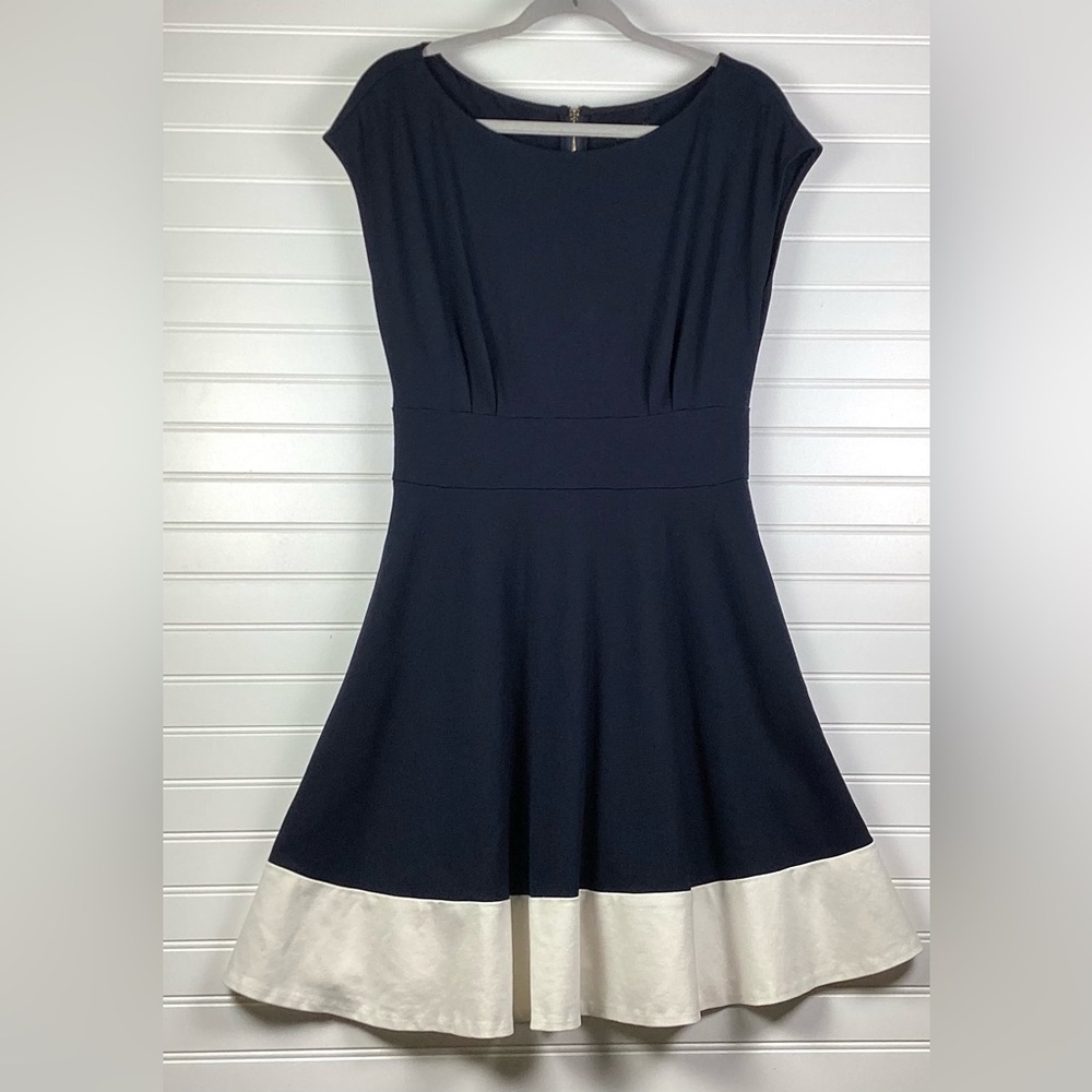 Kate Spade navy blue and white Mini dress. Boat neck, fit and flare Size Large